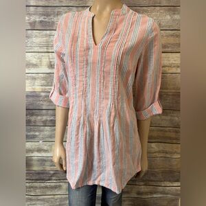 Soft Surroundings Tunic Top S Small Pink Striped‎ Pintuck Rolled Sleeves Loose